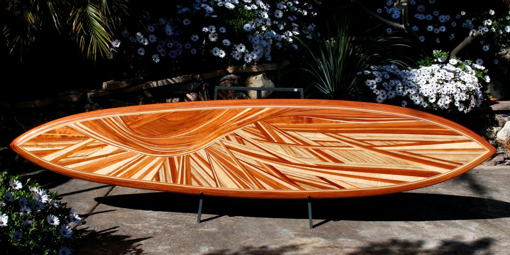 A beautiful wood inlay surfboard